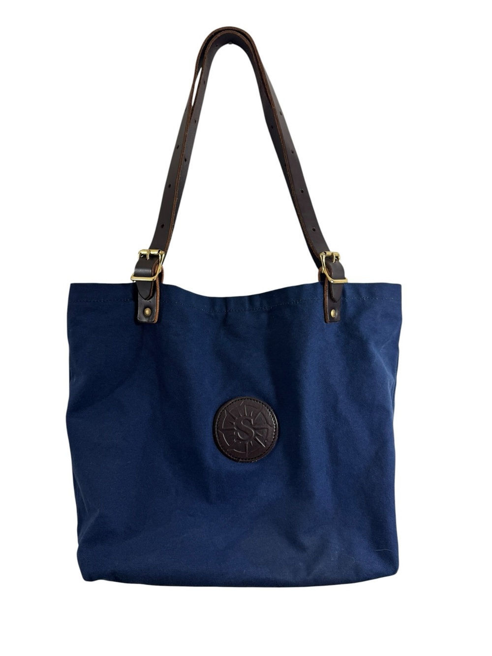 Duluth Pack Market Tote Canvas in Navy Blue Brown Adjustable Straps